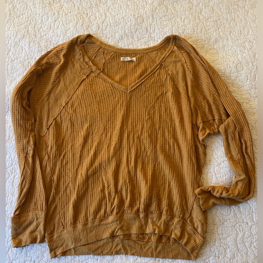 We The Free Mustard Yellow Waffle Knit Deep V-Neck Loose Long Sleeve Top XL